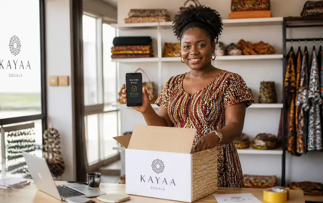 Commerçante africaine préparant une commande dans sa boutique connectée à AKAMBA